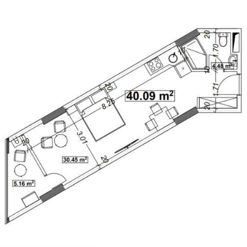 Studio for sale of 40 sq.m. near the New Boulevard in Batumi