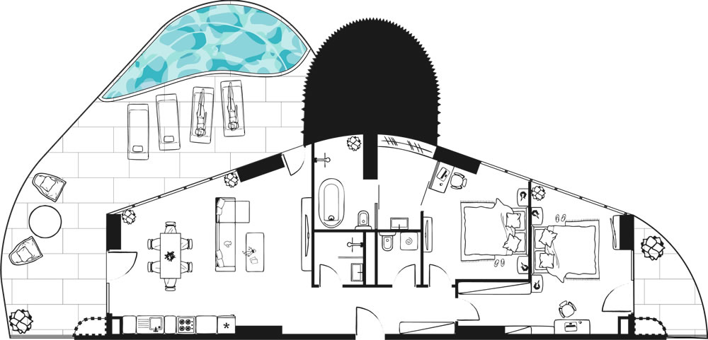 Two-room apartment with a terrace with a pool